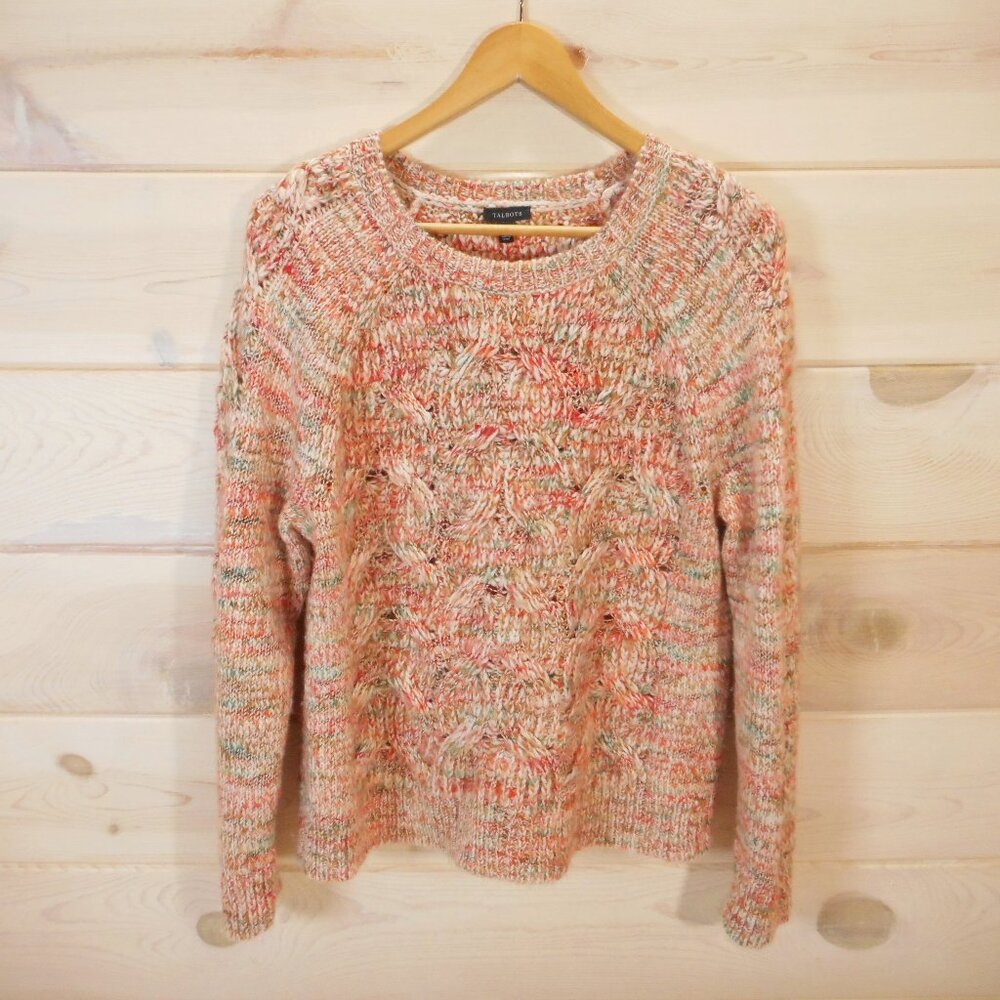 Talbots Womens L Chunky Knit Sweater Cream Orange Green Wool Blend Cozy Pullover